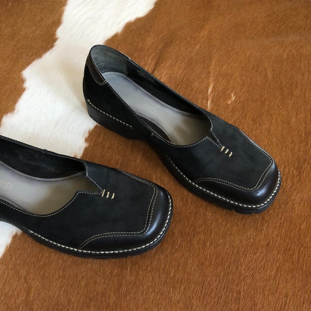 y2k squaretoe loafer, black leather loafer with contrast stitching, eurostep